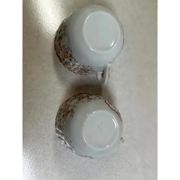 VTG Japanese Hand Painted Geisha Tea Cups & Saucers Pair Red Trim Moriage Style - Picture 5 of 7